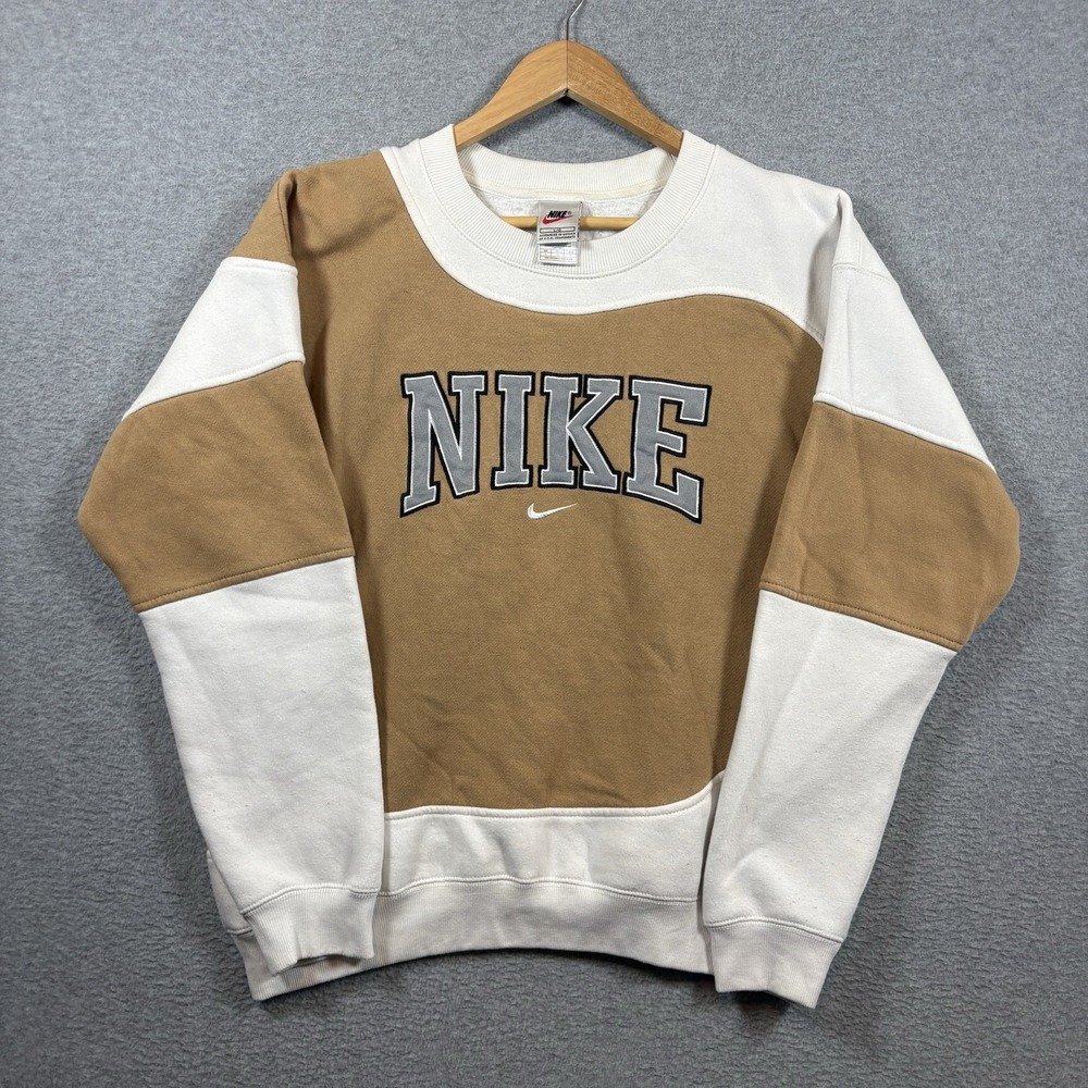 Vintage 90s Nike Colorblock Sweatshirt Large Tan Off White Spellout Crewneck Y2K